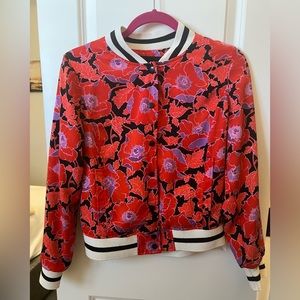 Red hibiscus floral Whowhatwear bomber jacket. Size small.